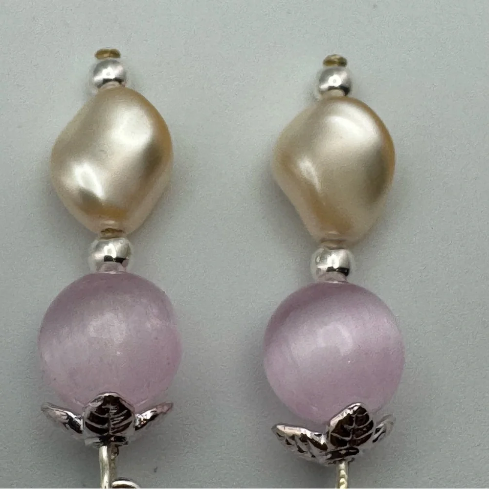 New Selenite & Swarovski Pearl Dangle Earrings Silver Tone Hooks